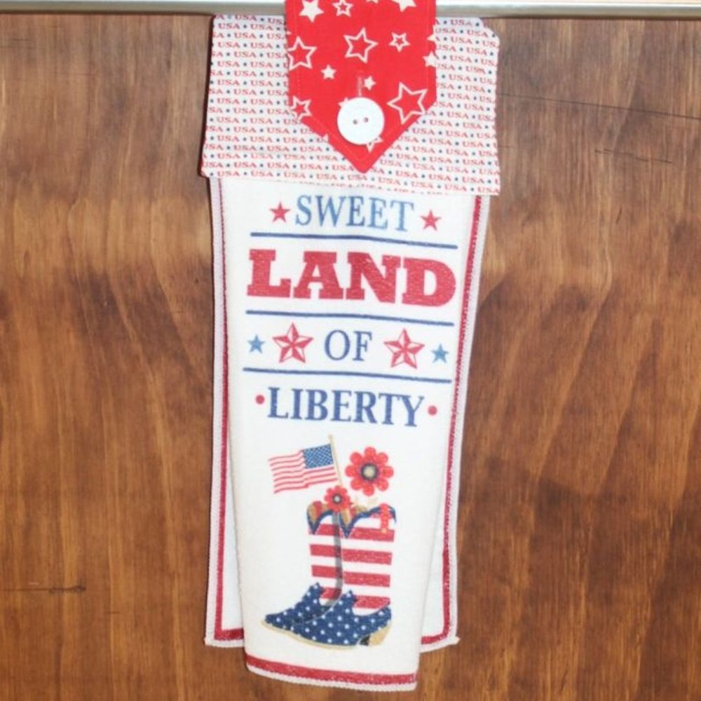 "SWEET LAND OF LIBERTY" HAND TOWEL RED, WHITE & BLUE PATRIOTIC HANDMADE HANGING